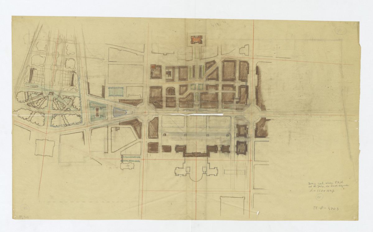 Pałac Kultury i Nauki - szkic zabudowy otaczającej Pałacu. Teren otoczony ulicami: Aleje Jerozolimskie, Emilii Plater, Senatorska, Mazowiecka, Szpitalna. Kolorystycznie zróżnicowane zieleńce i zabudowania. Napis: Szkic zabudowy otaczającej Pałac Kultury i Nauki od Alej Jerozolimskich do Saskiego Ogrodu (24), skan 1