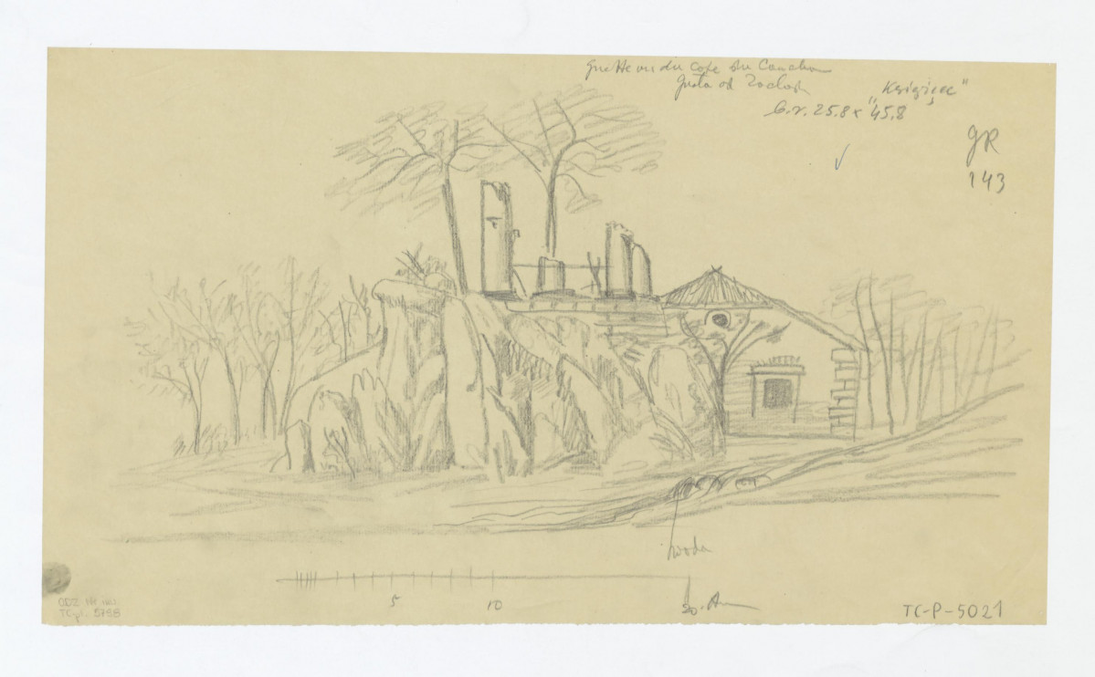 widok groty i pawilonu przy niej od strony zachodniej (odrys), skan 1