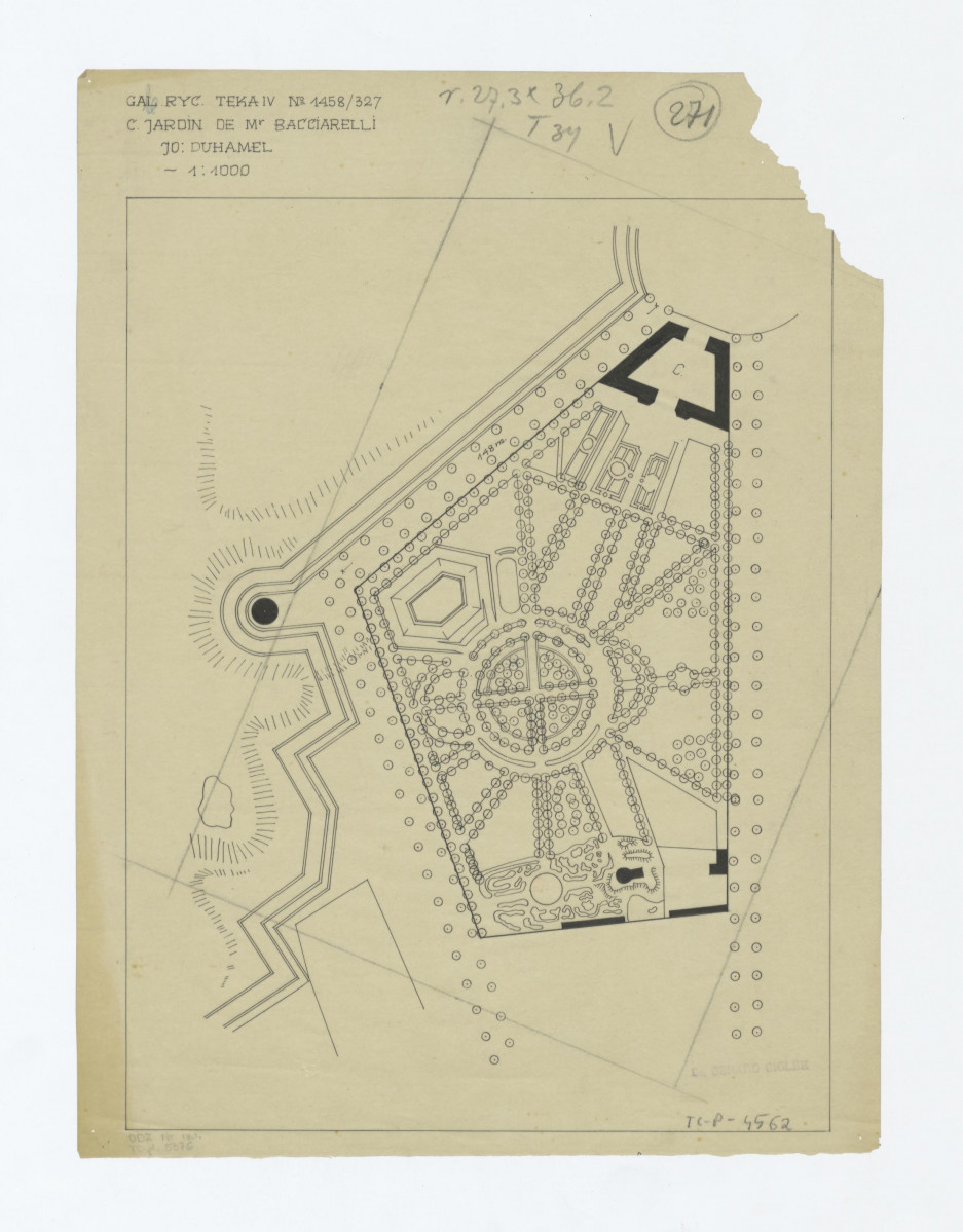 opracowany plan sytuacyjny ogrodu z odrysu według Jo. Duhamel - C. Jardin de M. Baciarelli, skan 1