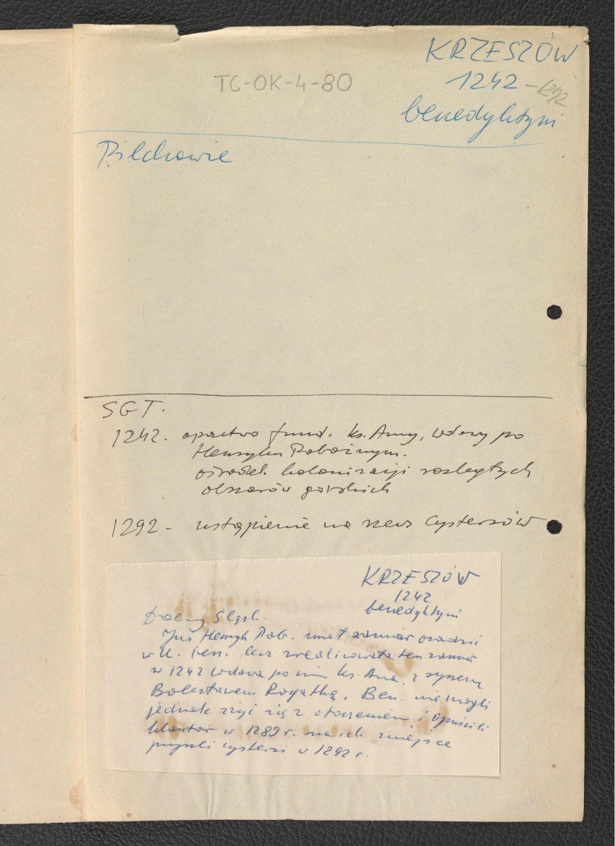wypis z Słownika Geografii Turystycznej Polski wzmiankujący ufundowanie miejscowego klasztoru w 1242 roku z inicjatywy księżnej Anny, wdowy po Henryku Pobożnym oraz ustąpienie na rzecz cystersów w 1292 roku; notatka dotycząca benedyktynów w wymienionej miejscowości w XIII wieku                       , skan 1