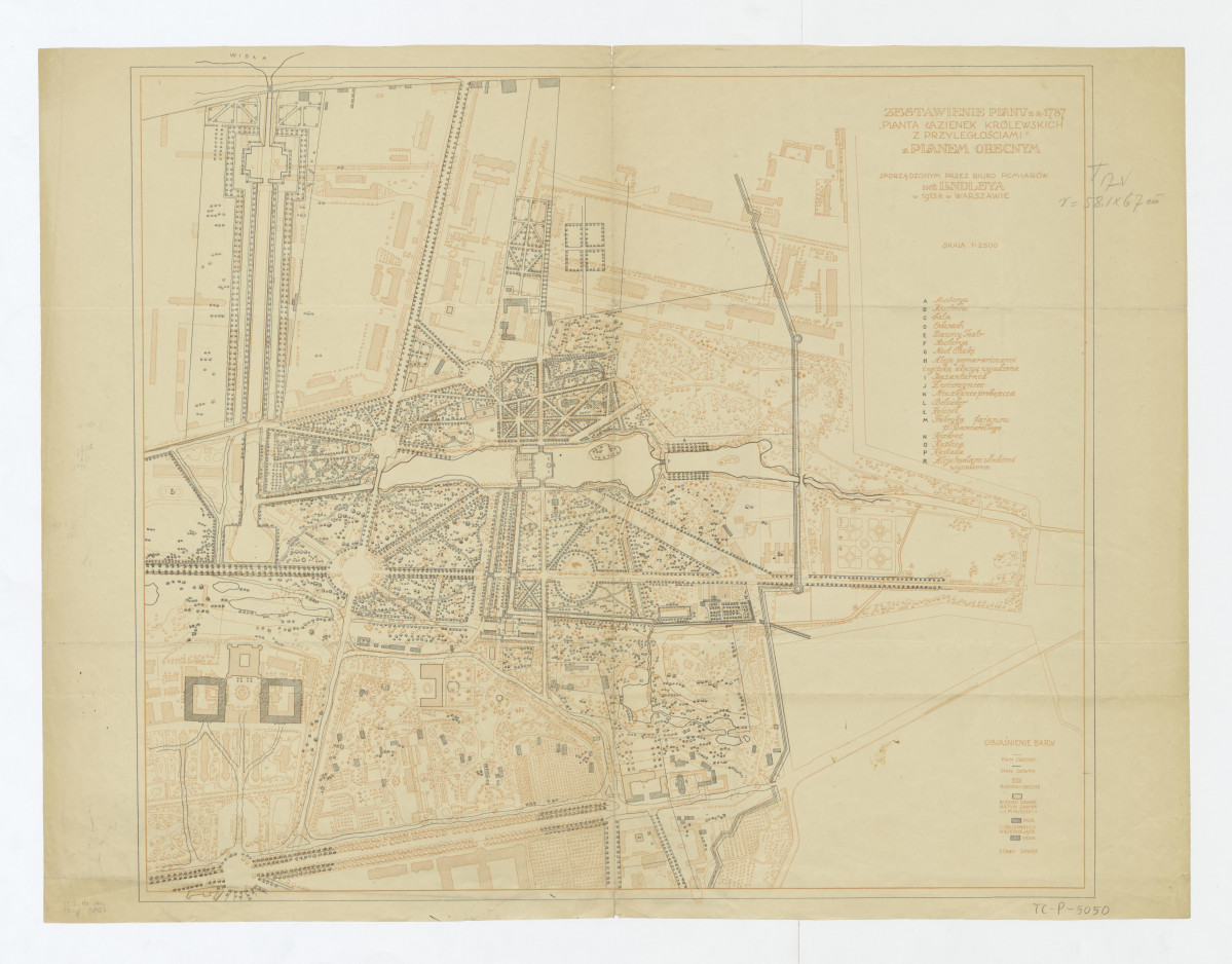 Łazienki Królewskie i Ujazdów - zestawienie planu z roku 1787 "Planta Łazienek Królewskich z przyległościami " z planem obecnym, skan 1