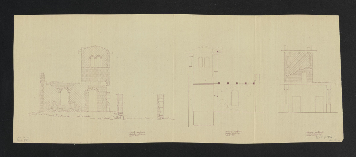 Morysin-przekrój poprzeczny, przekrój podłużny, elewacja północna. Napisy objaśniające, skan 1