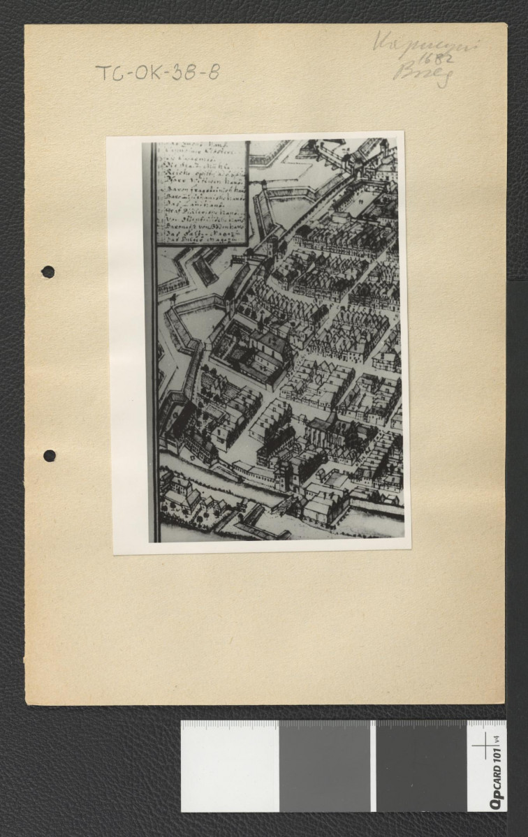 reprodukcja ryciny z Wernher Friedrich Bernhard, Topografia Śląska, 1744-1768  przedstawiająca widok z tzw. lotu ptaka na miejscowy klasztor , skan 1