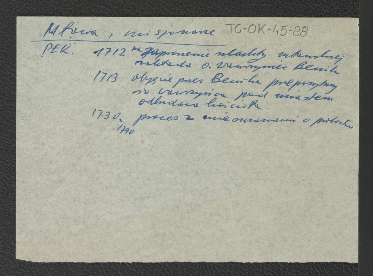 wypisy z Podręczna Encyklopedia Kościelna, red. ks. Zygmunt Chełmicki, t. I-XLIV, Warszawa, 1904-1916 zawierające ważniejsze daty w XVIII-wiecznych dziejach miejscowego klasztoru począwszy od roku 1713, skan 1