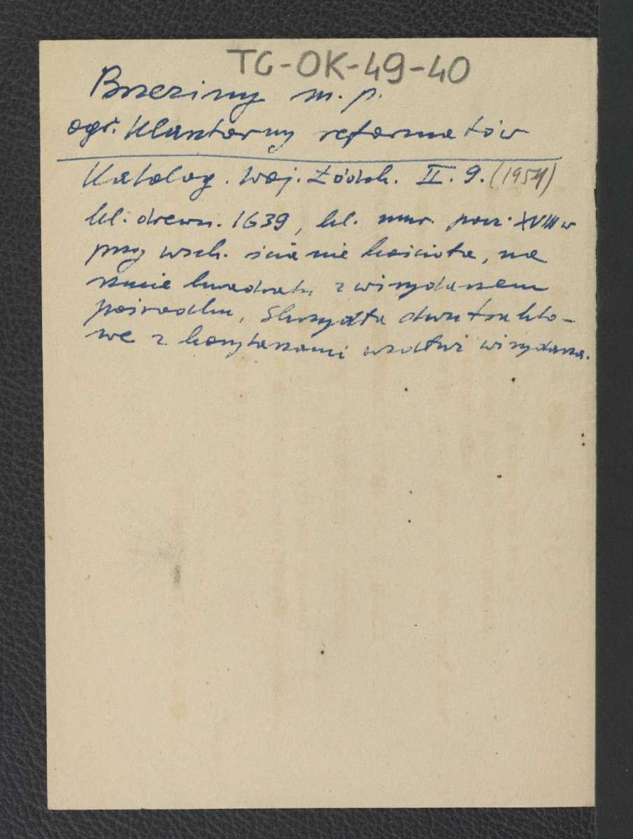 wypis z Katalog Zabytków Sztuki w Polsce: Województwo Łódzkie, t. II, red. Szablowski Jerzy, Warszawa 1954, s. 9 zawierający zwięzłą charakterystykę architektoniczną miejscowego klasztoru z 1639 r., skan 1