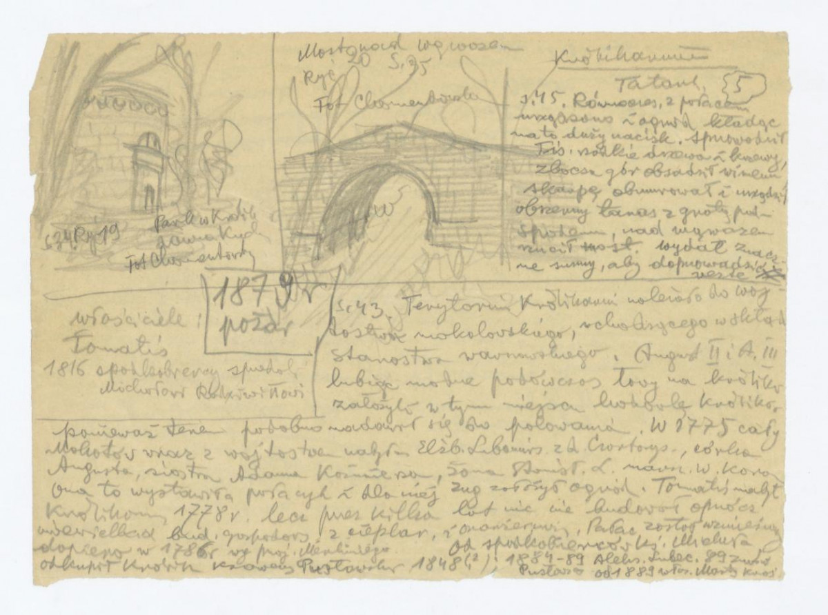 "dwa rysunki: 1. budynek dawnej kuchni. Napisy: strona 34, ryc. 19;, Park w Królikarni; dawna Kuchnia. Fot. Chomentowski 2. most nad wąwozem. Napisy: most nad wąwozem; ryc. 20. strona 35; fot. Chomentowski", skan 1