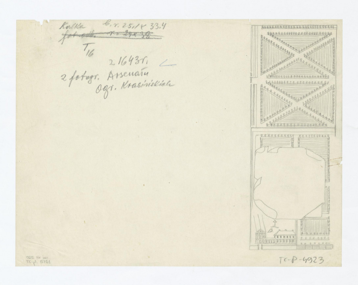 odrys z fotografii sztychu przedstawiającego arsenał z prawej strony. Fotografia sztychu z 1643 roku, skan 1