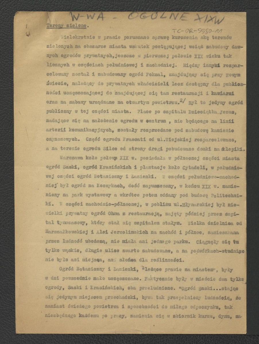 tekst dotyczący terenów zielonych na obszarze Warszawy w XIX w.; osiemnaście kart , skan 1