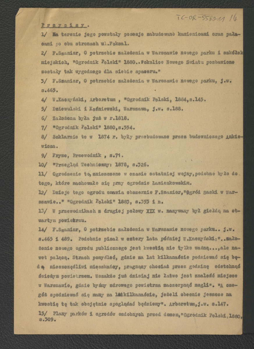 tekst dotyczący terenów zielonych na obszarze Warszawy w XIX w.; osiemnaście kart , skan 16