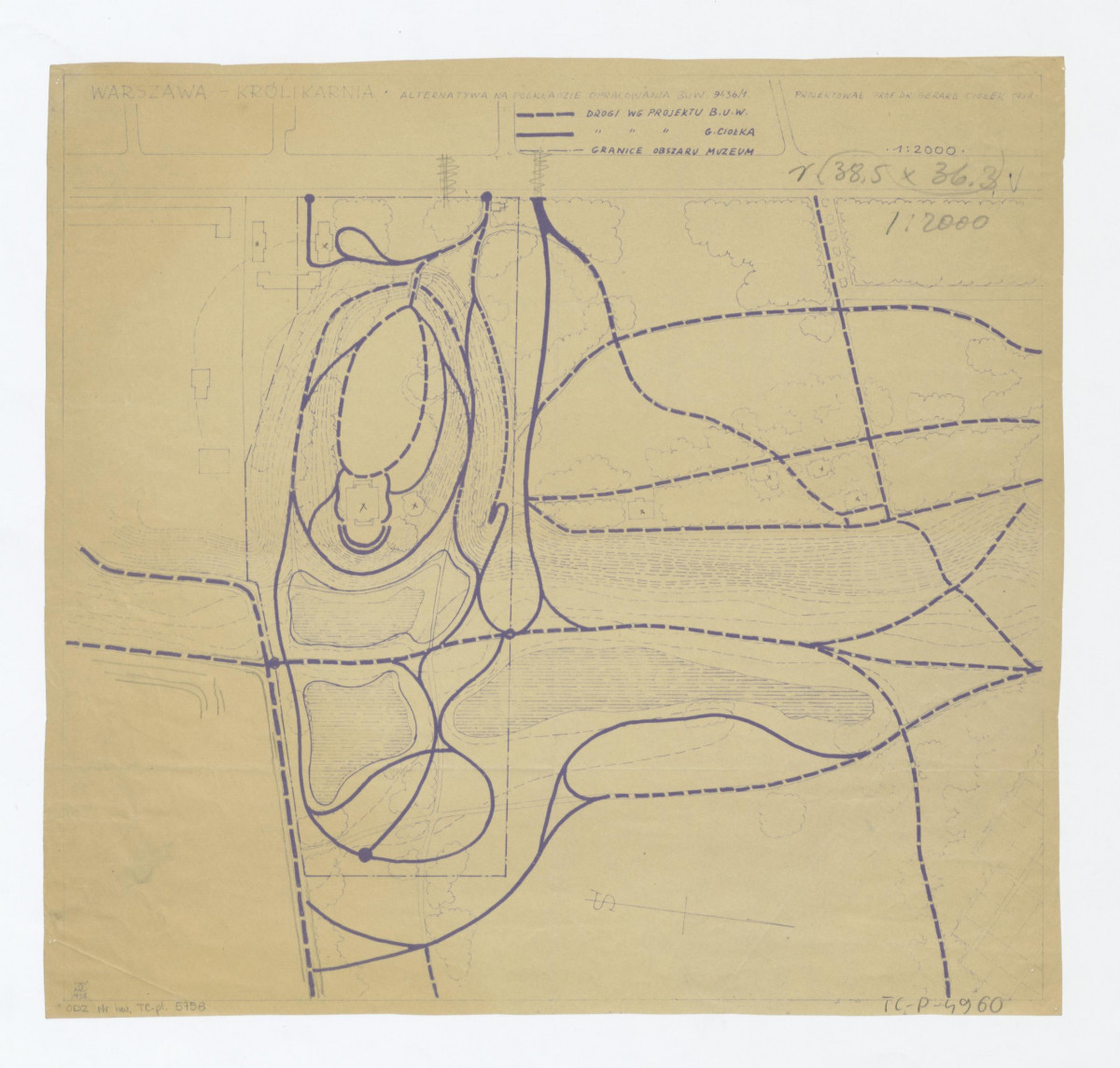 alternatywa przebiegu ciągów komunikacyjnych według projektu B.U.W. i Gerarda Ciołka na terenie parku pałacowego i terenów okolicznych, skan 1