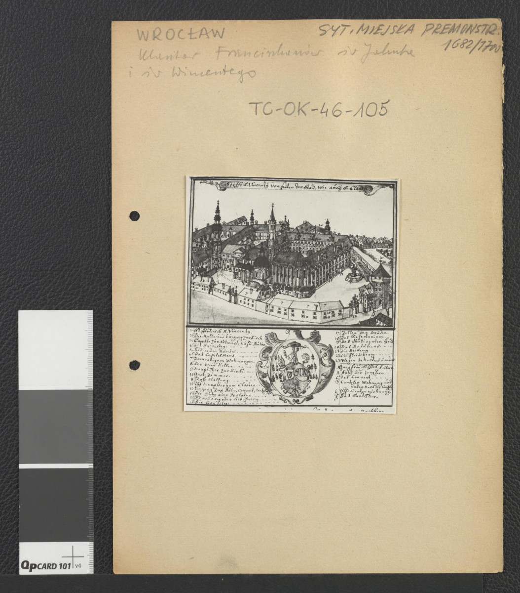 reprodukcja ryciny zamieszczonej w Wernher Friedrich Bernhard, Topografia Śląska, 1744-1768 przedstawiająca widok z tzw. lotu ptaka na miejscowy klasztor z nieco innej perspektywy , skan 1