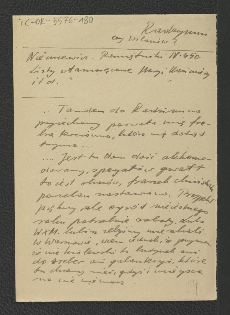 wypis z Niemcewicz J.U., Zbiór pamiętników o dawnej Polszcze, Lips: Breitkopf i Haertel 1839 (IV, 489, 490) wzmiankujący własnoręczne listy Marii Kazimiery, żony Jana III do siostry księżnej Radziwiłłowej; dwie karty , skan 1