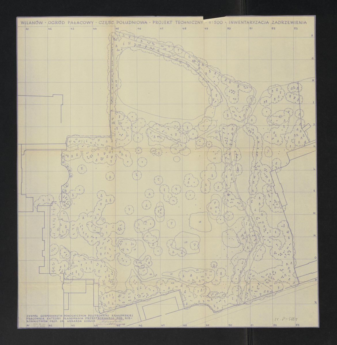 Wilanów-część południowa, inwentaryzacja zadrzewienia. Napisy: WILANÓW. OGRÓD PAŁACOWY. CZĘŚĆ POŁUDNIOWA. PROJEKT TECHNICZNY. 1:500. INWENTARYZACJA ZADRZEWIENIA, skan 1