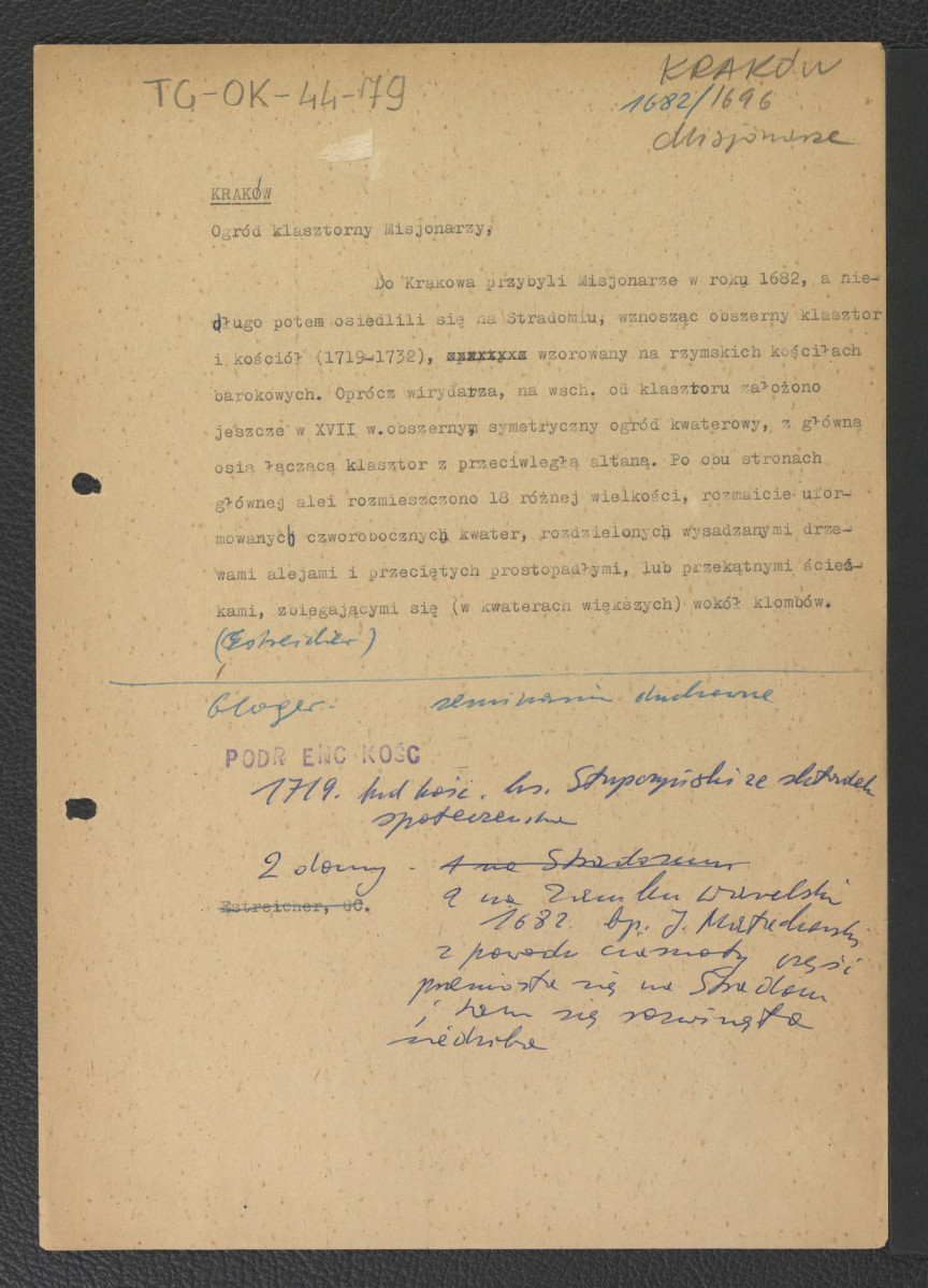 wypis z Estreicher Karol, Kraków: przewodnik dla zwiedzających miasto i jego okolice, Kraków, 1931 dotyczący przybyłych do Krakowa w 1682 r. misjonarzy; odsyłacze do Gloger Zygmunt, Encyklopedia Staropolska, Warszawa 1902 oraz Podręczna Encyklopedia Kościelna, red. ks. Zygmunt Chełmicki, t. I-XLIV, Warszawa, 1904-1916  wzmiankujące budowę kościoła w 1719 r. oraz dwa dary dla zakonników  , skan 1