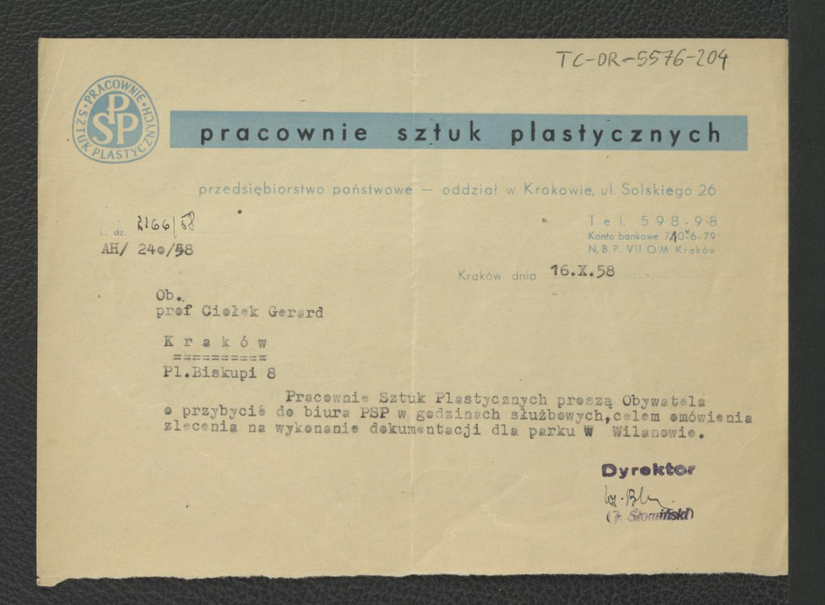 prośba z 16 października 1958 r. ze strony Pracowni Sztuk Plastycznych do G. Ciołka o przybycie w celu omówienia zlecenia na wykonanie dokumentacji dla parku w Wilanowie , skan 1