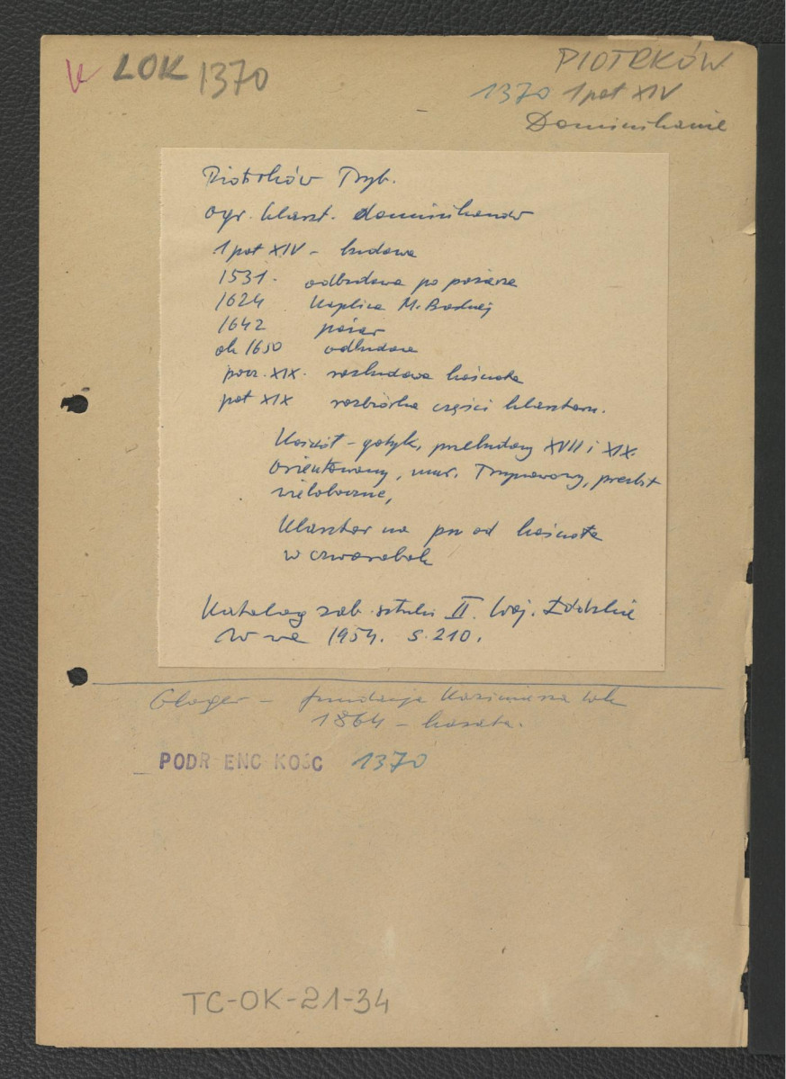 wypis z Katalog Zabytków Sztuki w Polsce: Woj. Łódzkie, t. II, red. Szablowski Jerzy, Warszawa 1954, s. 210 zawierający chronologię miejscowego założenia klasztornego począwszy od poł. XIV w., kiedy to wzniesiono wzmiankowany zespół; zawiera zwięzłą charakterystykę architektonicznej zabudowy; odsyłacz do Gloger Zygmunt, Encyklopedia Staropolska, Warszawa 1902 oraz Podręczna Encyklopedia Kościelna, red. ks. Zygmunt Chełmicki, t. I-XLIV, Warszawa, 1904-1916 wzmiankujący fundację Kazimierza Wielkiego z 1370 r. oraz kasatę klasztoru w 1864 r.                                                   , skan 1