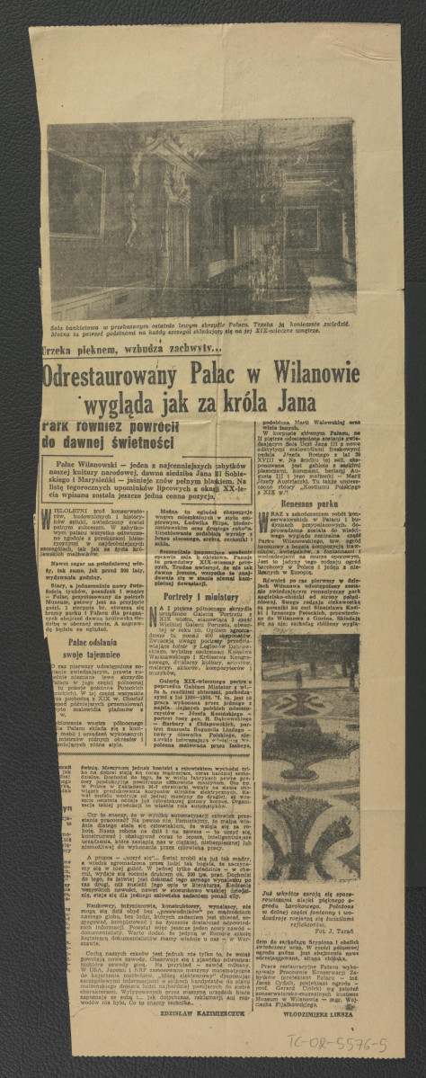 fragment karty z „Expressu Wieczornego” zawierający tekst autorstwa Włodzimierza Likszy pt. Odrestaurowany Pałac w Wilanowie wygląda jak za króla Jana, skan 1
