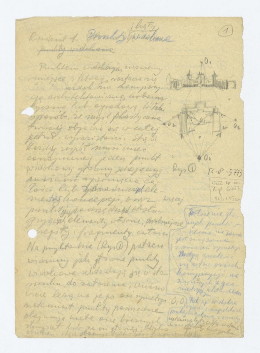 Wilanów-szkic rzutu i elewacji frontowej pałacu z zaznaczeniem punktów i osi widokowych. Rysunek ilustrujący tekst o punktach i kątach widokowych, skan 1