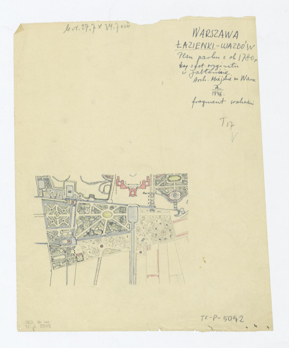 Łazienki Królewskie i Ujazdów - odrys planu parku z około 1780 roku - fragment wschodni, skan 1