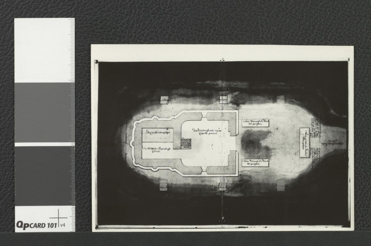 tzw. kaplica Grobu Pańskiego: rzut poziomy z pierwszej poł. XVIII w.; wykonany prawdopodobnie w 1950 r.; z zasobu Archiwum Drezdeńskiego , skan 1