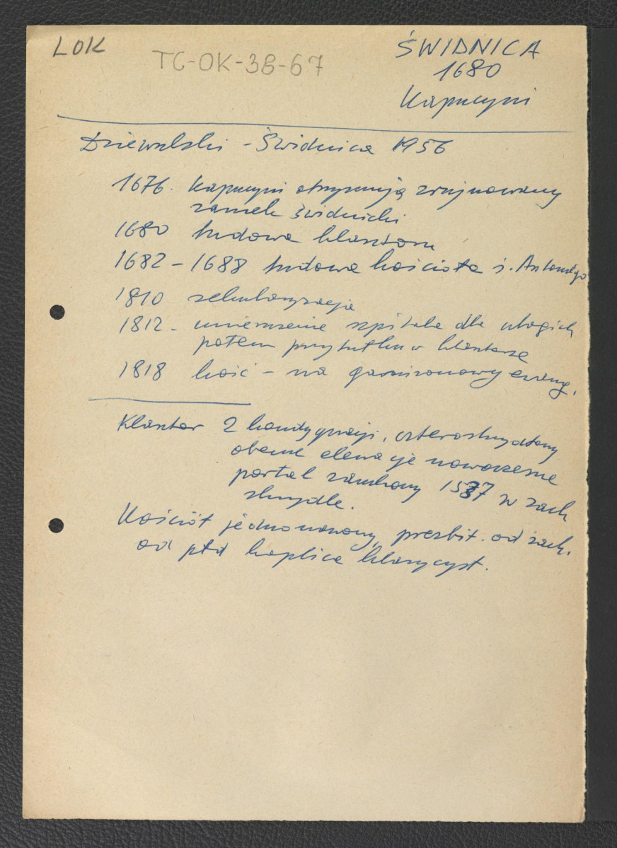 wypis z Dziewulski Władysław, Świdnica w: „Studia z historii budowy miast polskich”, R. 6 (1957), z. 2/17, Warszawa 1957 zawier. chronologię miejscowego klasztoru oraz zwięzłą charakterystykę architektoniczną obiektu , skan 1
