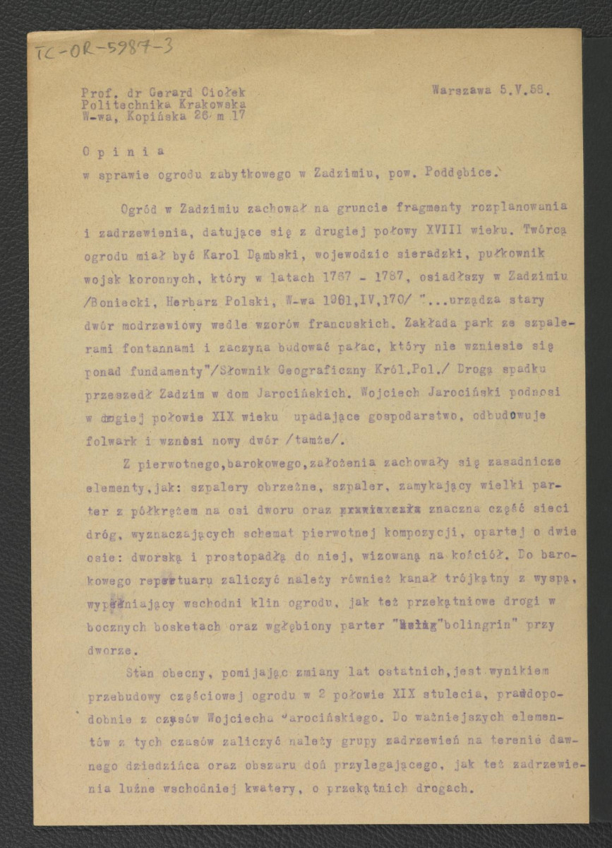 dwa egzemplarze 4-stronnicowej opinii w sprawie zabytkowego ogrodu w tej miejscowości autorstwa G. Ciołka z 5 maja 1958 r., skan 1