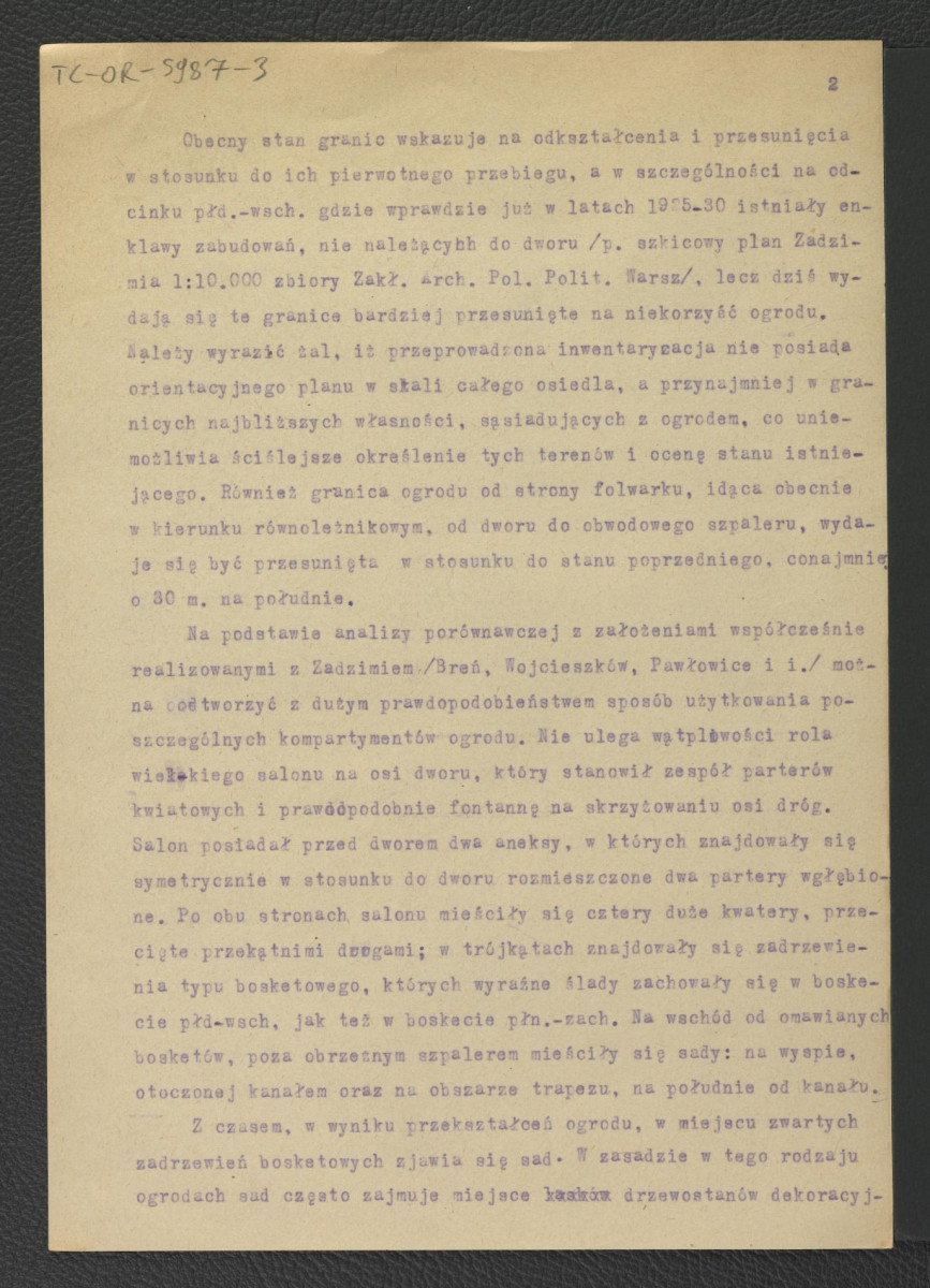 dwa egzemplarze 4-stronnicowej opinii w sprawie zabytkowego ogrodu w tej miejscowości autorstwa G. Ciołka z 5 maja 1958 r., skan 2
