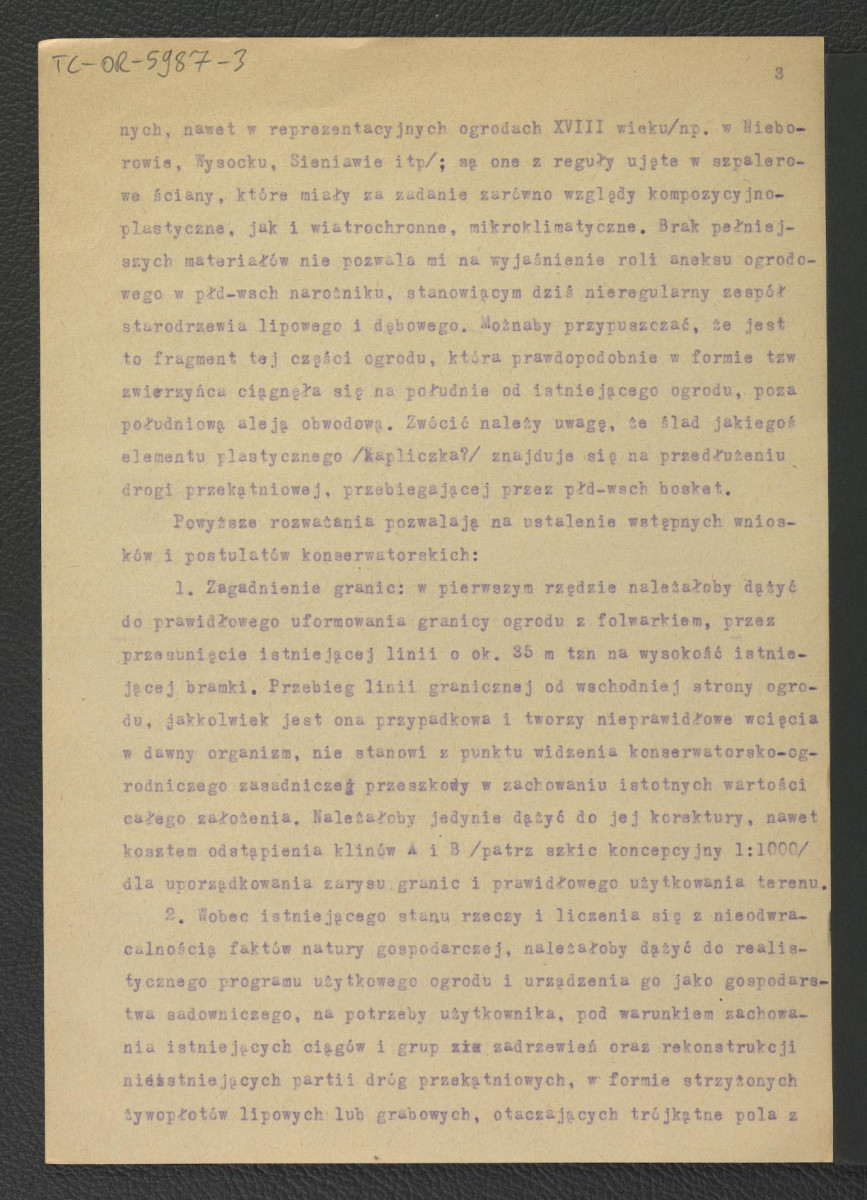 dwa egzemplarze 4-stronnicowej opinii w sprawie zabytkowego ogrodu w tej miejscowości autorstwa G. Ciołka z 5 maja 1958 r., skan 3