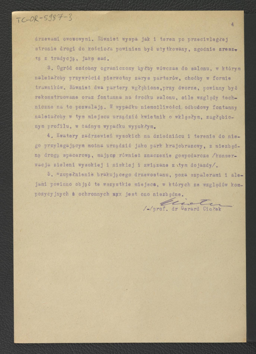 dwa egzemplarze 4-stronnicowej opinii w sprawie zabytkowego ogrodu w tej miejscowości autorstwa G. Ciołka z 5 maja 1958 r., skan 4