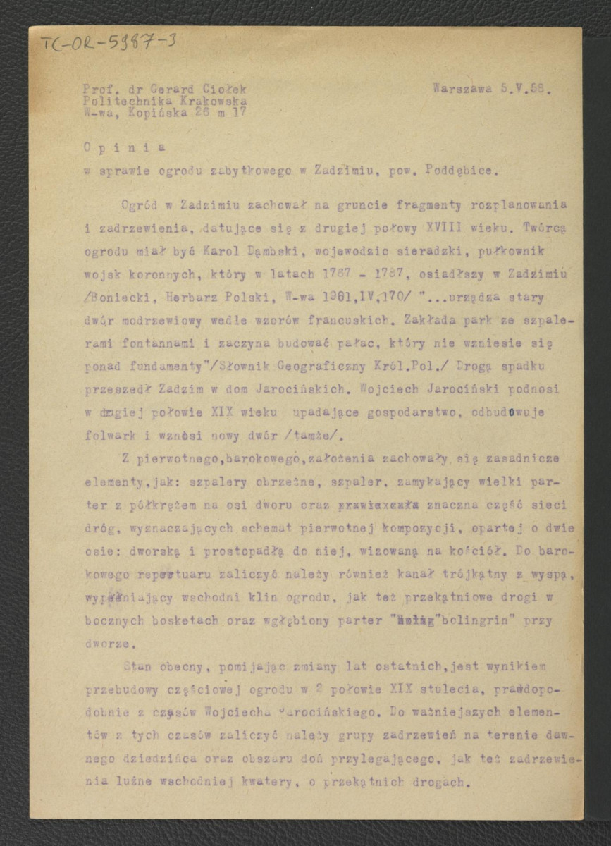 dwa egzemplarze 4-stronnicowej opinii w sprawie zabytkowego ogrodu w tej miejscowości autorstwa G. Ciołka z 5 maja 1958 r., skan 5