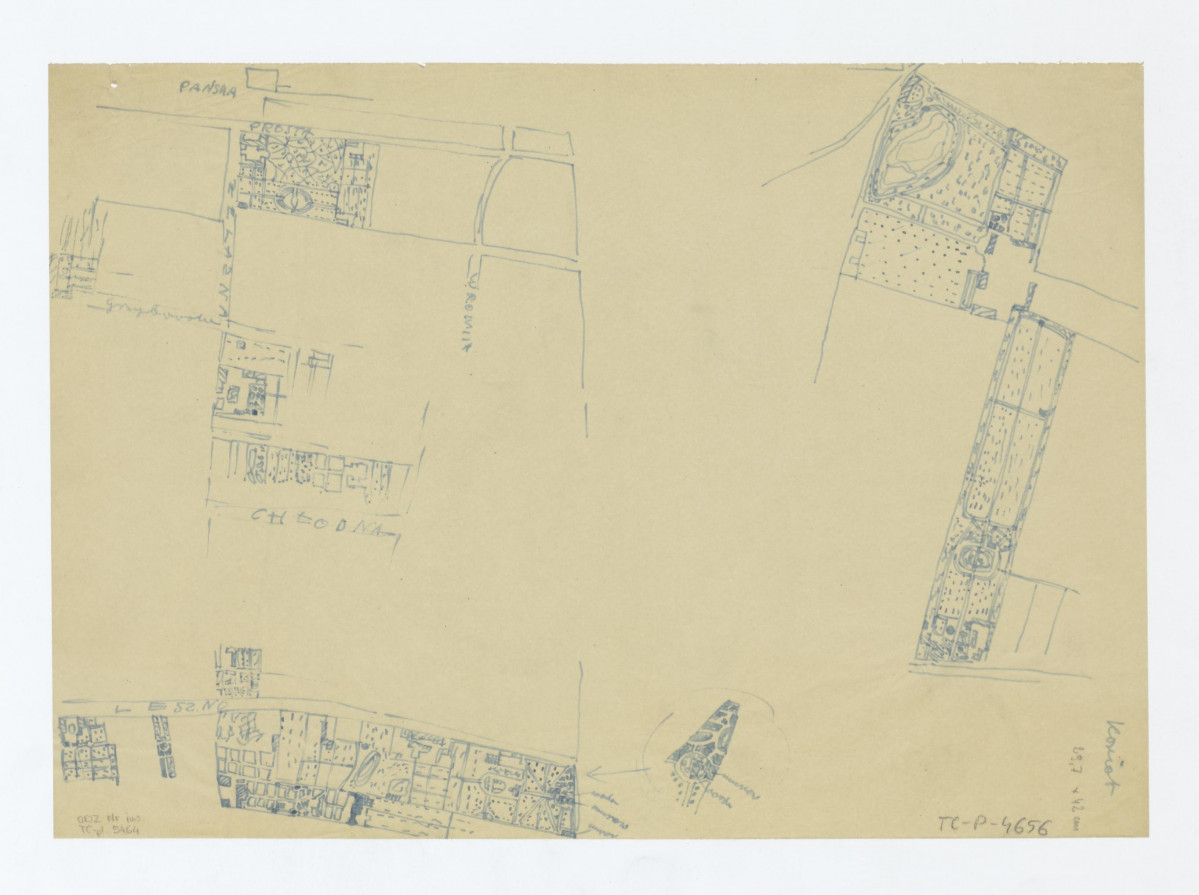 szkicowe plany ogrodów przy ul. Żelaznej, Leszno i NN, według Koriota, skan 1