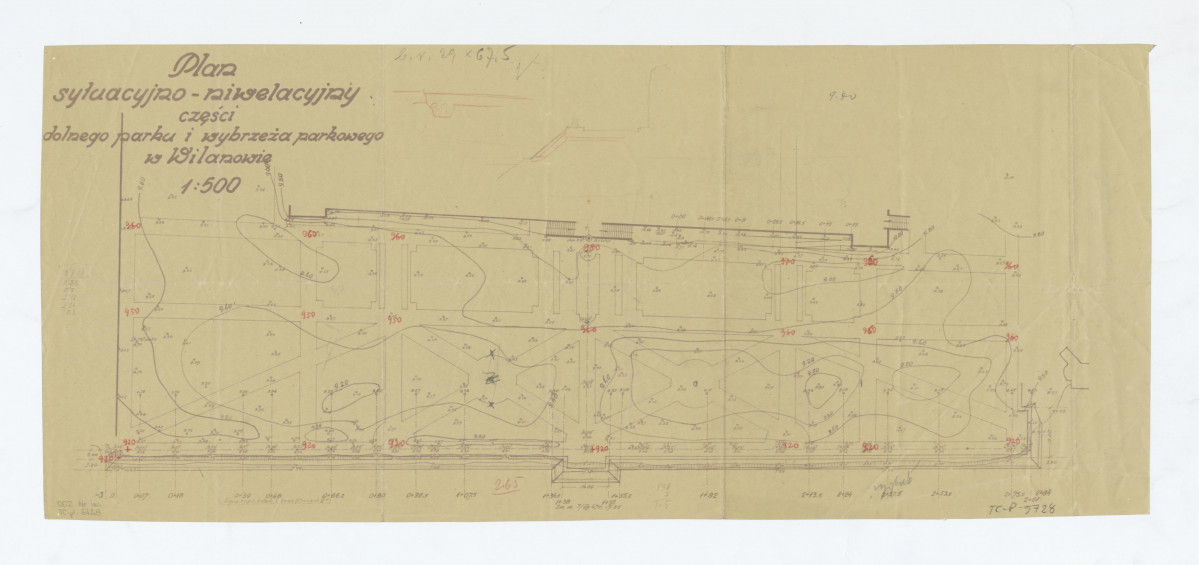 Wilanów-plan sytuacyjno - niwelacyjny - dolnego tarasu ogrodu i wybrzeża, skan 1