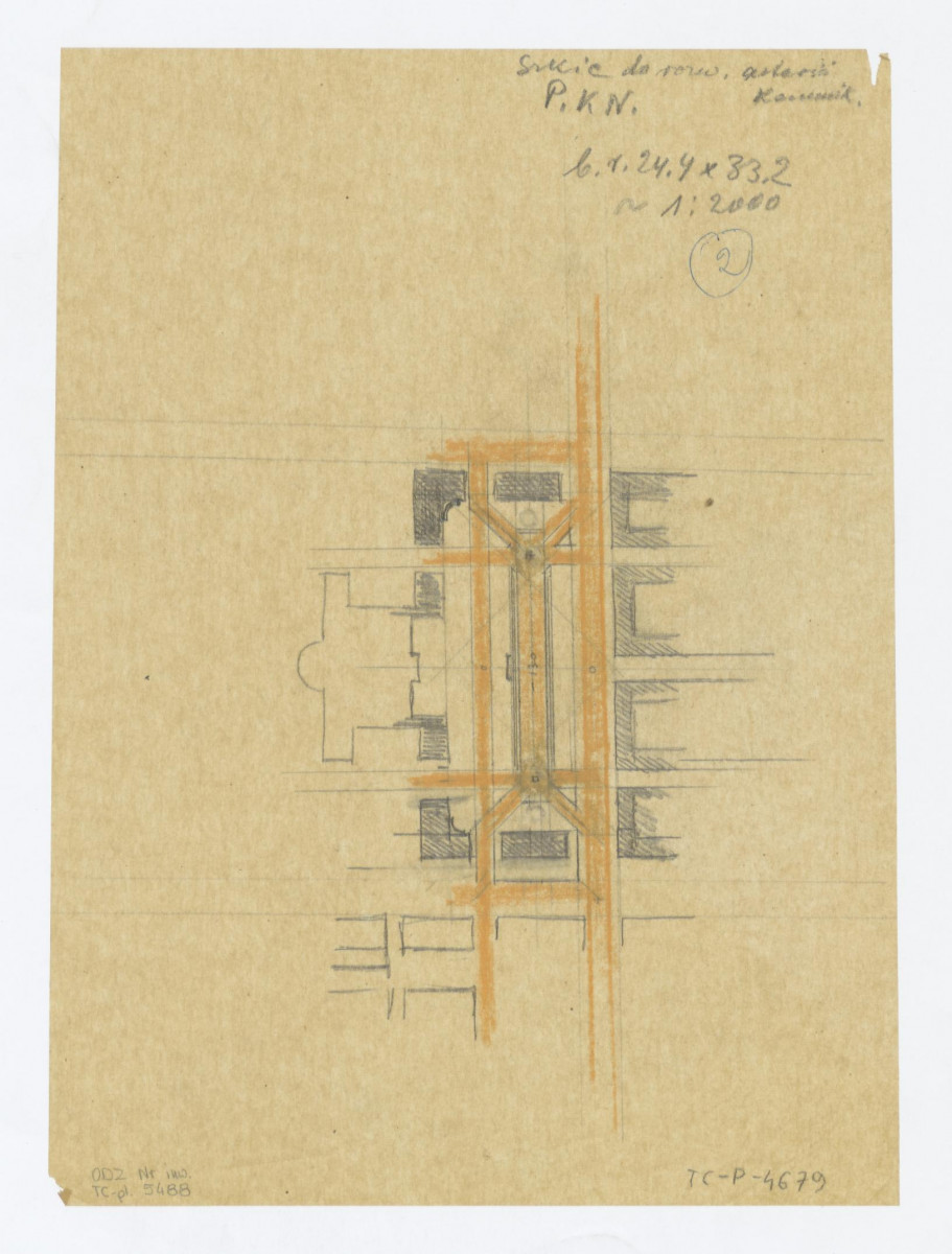 Pałac Kultury i Nauki - szkic rozwiązania placu i ul. Marszałkowskiej na osi Pałacu Kultury do projektu konkursowego (2), skan 1