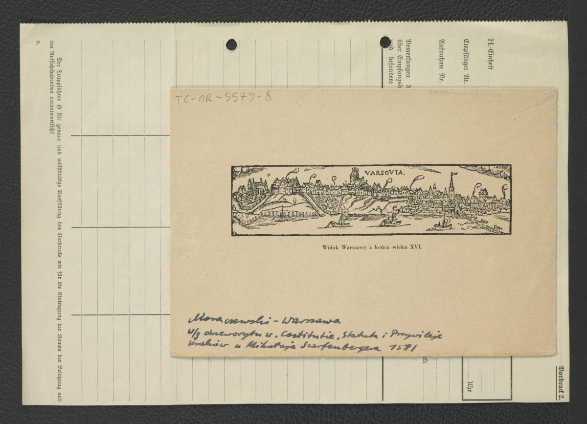 reprodukcja według drzeworytu ukazaującego widok Warszawy z końca XVI w. , skan 1