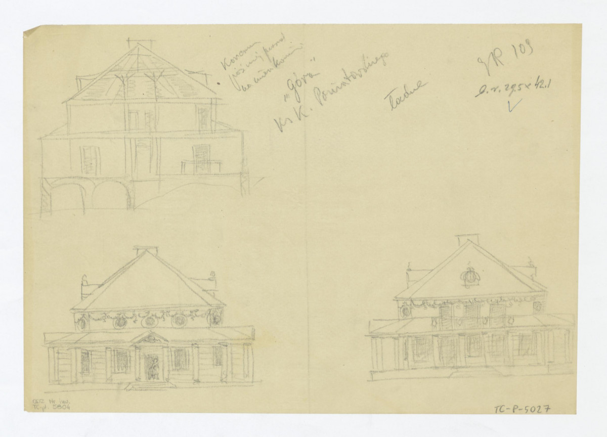 odrys przekroju i elewacji bocznych dawnej gospody przerobionej na mieszkanie księcia Kazimierza Poniatowskiego, skan 1