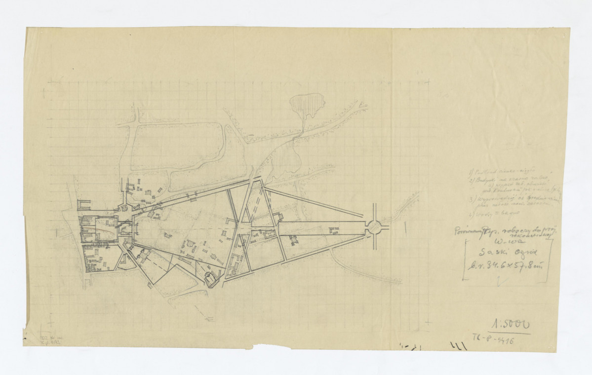 rysunek roboczy planu regulacyjnego miasta wzdłuż osi saskiej, skan 1