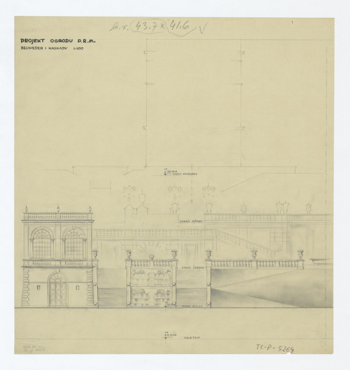 Pałac Namiestnikowski-projekt belwederu i kaskad. Widok, skan 1