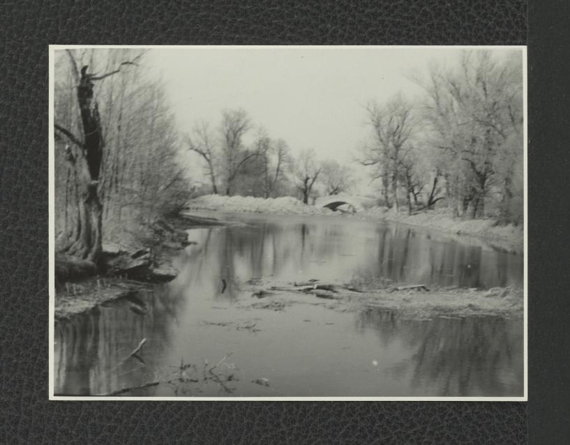 4 fotografie czarno-białe przedstawiające fragment zbiornika wodnego z tzw. mostkiem rzymskim, skan 1