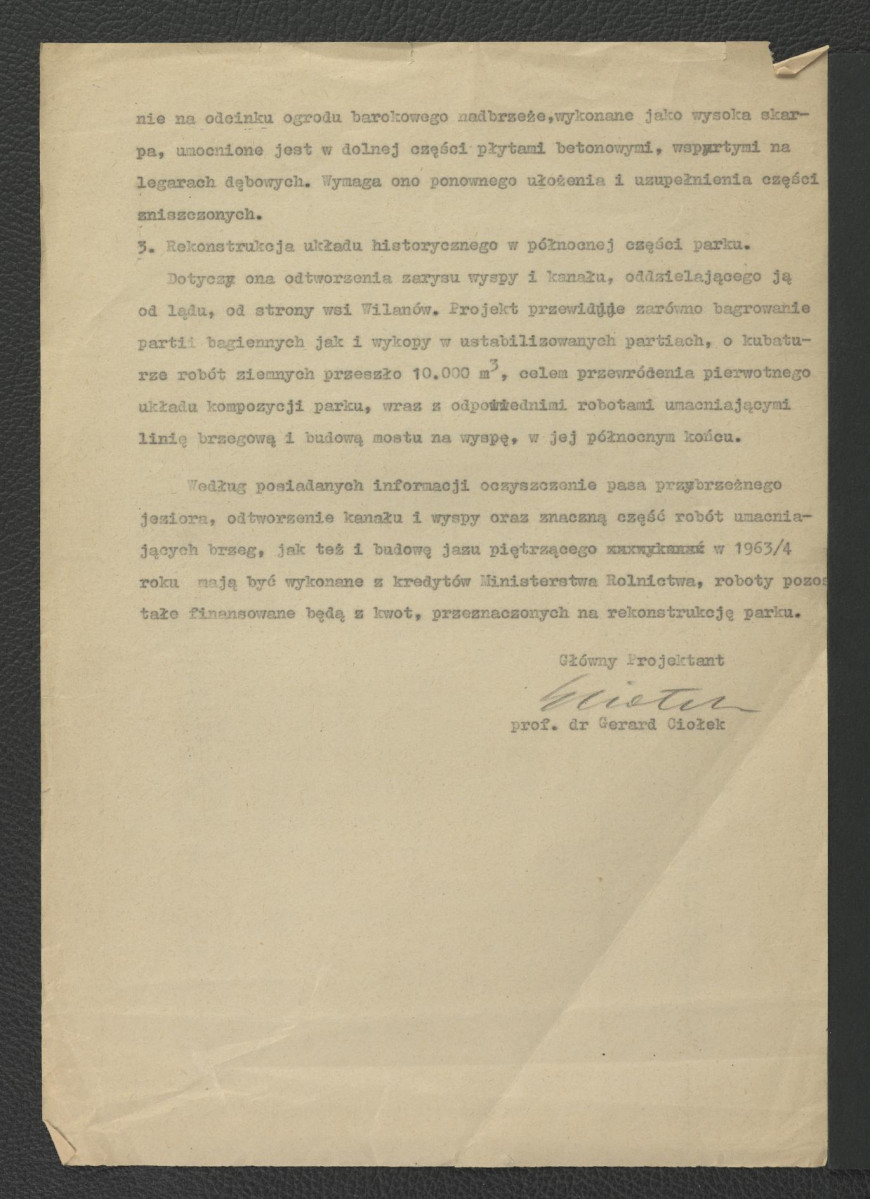 wyciąg z opisu technicznego projektu wstępnego rekonstrukcji miejscowego ogrodu autorstwa G. Ciołka , skan 2