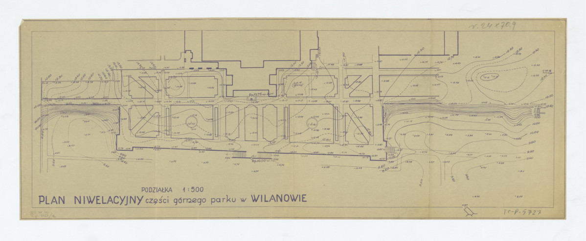 Wilanów-plan sytuacyjny niwelacyjny górnego tarasu ogródku, na osi pałacowej (szt. 3), skan 1
