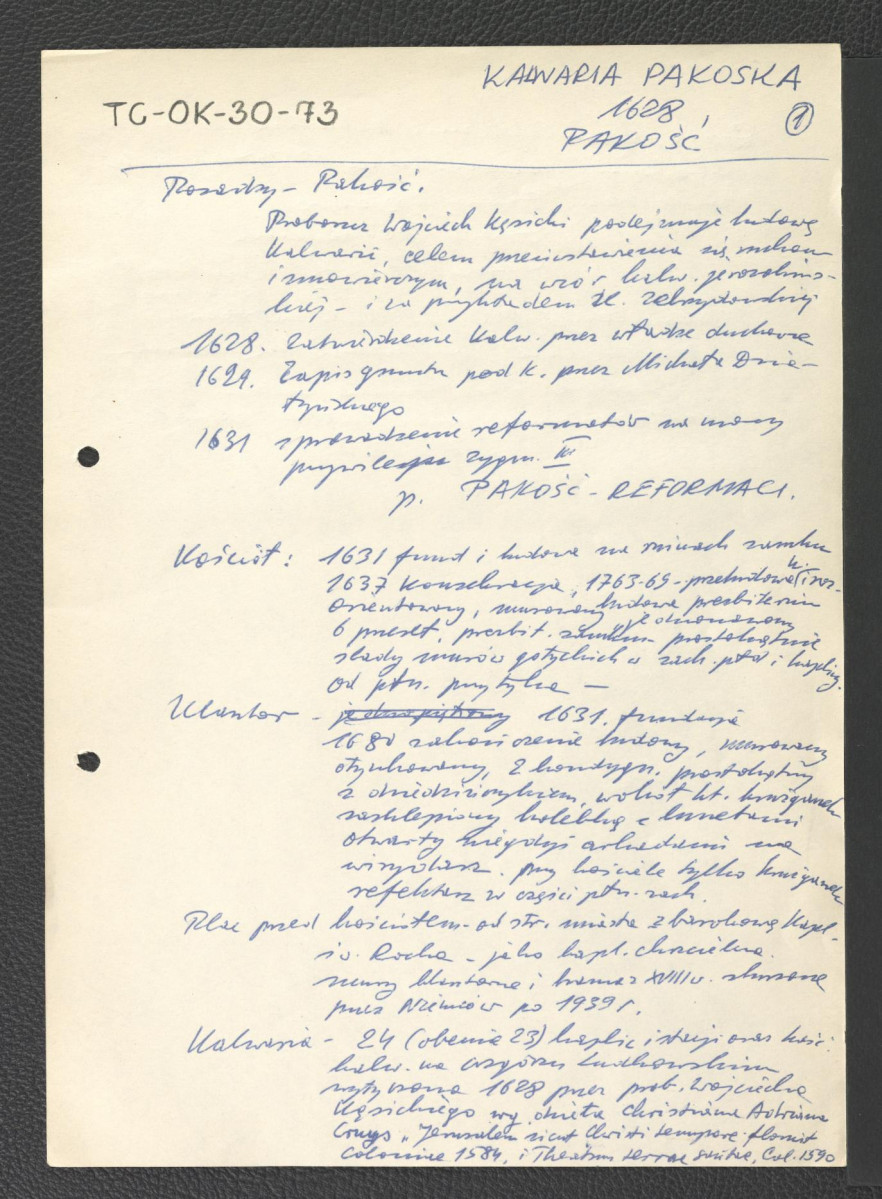 karty wypisu z Poradny, Pakość zawierający chronologię miejscowego klasztoru w XVII w. oraz zwięzły opis kaplic wschodzących w skład Kalwarii, skan 1