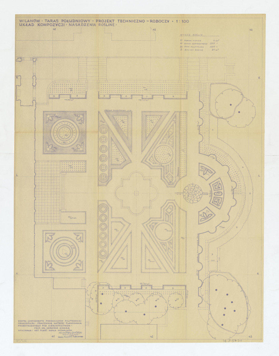 Wilanów-taras pałacowy, projekt techniczno - roboczy układu kompozycyjnego i nasadzenia roślin. Napisy: WILANÓW. TARAS POŁUDNIOWY. PROJEKT TECHNICZNO - ROBOCZY. 1:100; UKŁAD KOMPOZYCJI. NASADZENIA ROŚLINNE. Podany wykaz roślin, skan 1