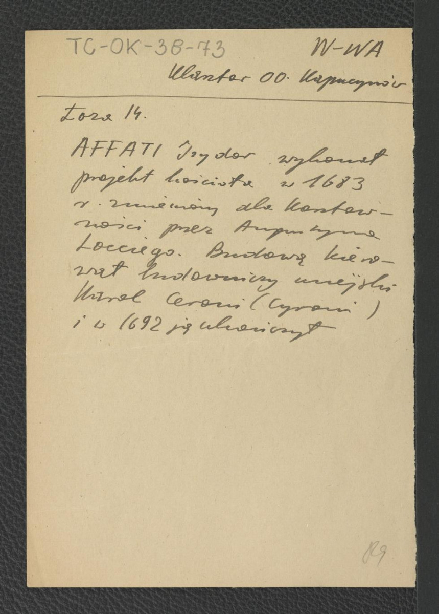 wypisy z Łoza Stanisław, Słownik architektów i budowniczych Polaków oraz cudzoziemców w Polsce pracujących, Warszawa 1931 zawierające informacje dotyczące Izydora Affati, wykonawcy projektu miejscowego klasztoru i kościoła, skan 2