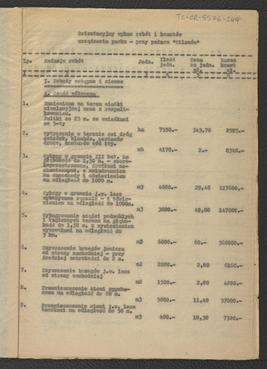 kosztorys orientacyjny do projektu wstępnego rekonstrukcji miejscowego parku; główny projektant – G. Ciołek; opracowanie kosztorysu – J. Dzierżyński                               , skan 2