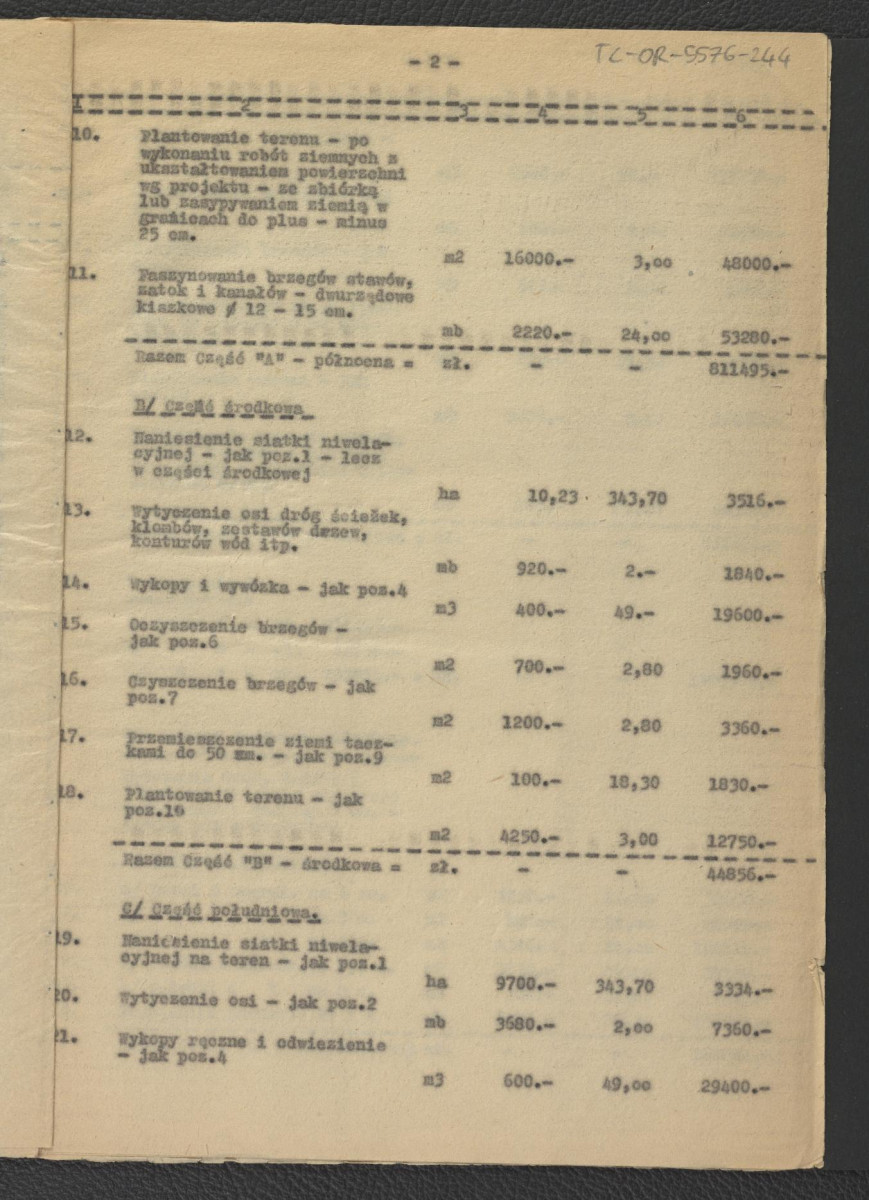 kosztorys orientacyjny do projektu wstępnego rekonstrukcji miejscowego parku; główny projektant – G. Ciołek; opracowanie kosztorysu – J. Dzierżyński                               , skan 3