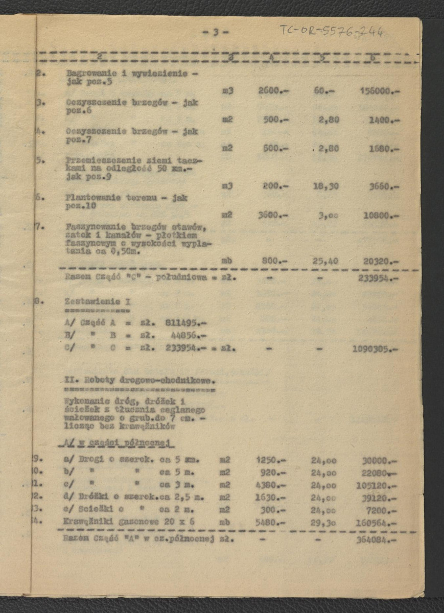 kosztorys orientacyjny do projektu wstępnego rekonstrukcji miejscowego parku; główny projektant – G. Ciołek; opracowanie kosztorysu – J. Dzierżyński                               , skan 4