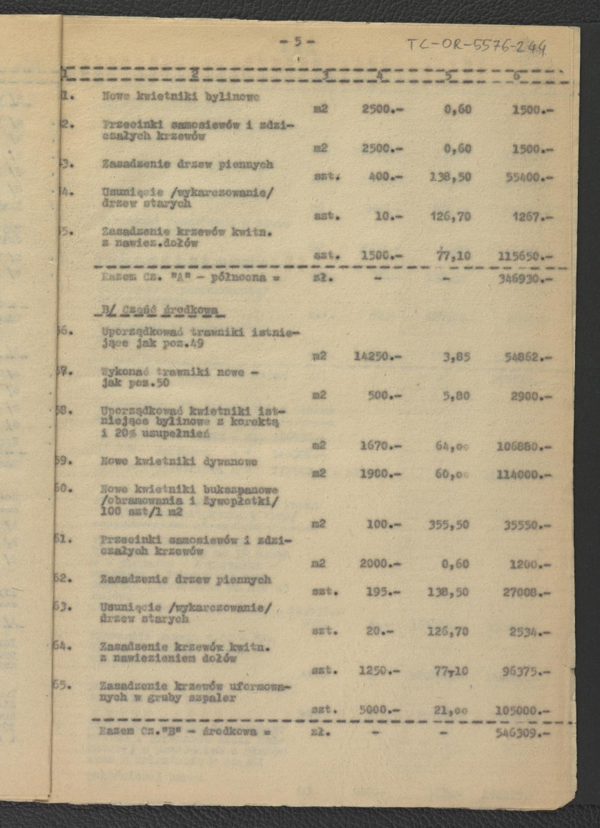 kosztorys orientacyjny do projektu wstępnego rekonstrukcji miejscowego parku; główny projektant – G. Ciołek; opracowanie kosztorysu – J. Dzierżyński                               , skan 6
