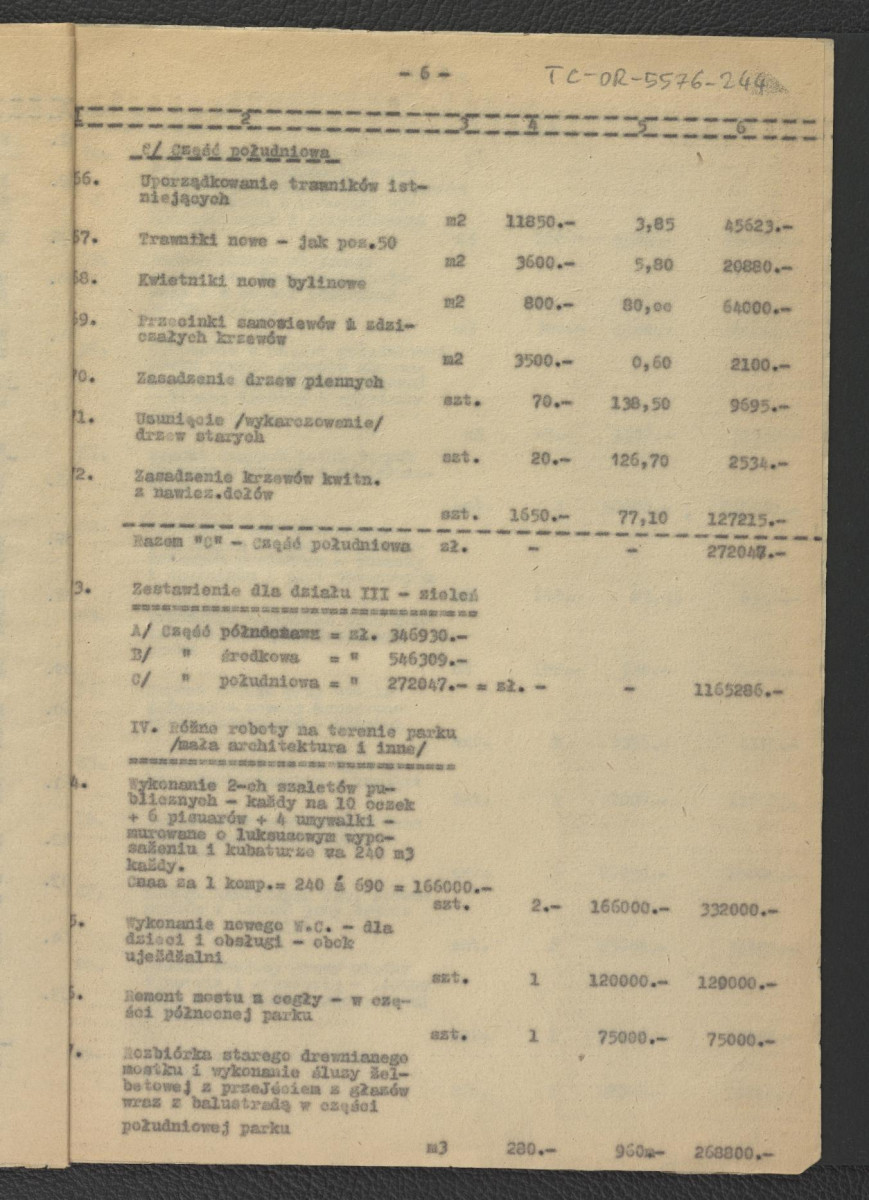 kosztorys orientacyjny do projektu wstępnego rekonstrukcji miejscowego parku; główny projektant – G. Ciołek; opracowanie kosztorysu – J. Dzierżyński                               , skan 7