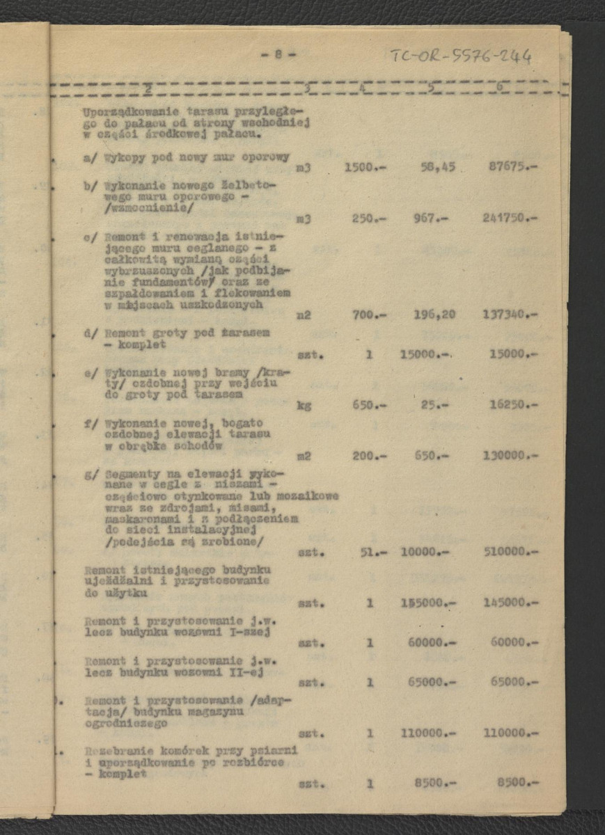 kosztorys orientacyjny do projektu wstępnego rekonstrukcji miejscowego parku; główny projektant – G. Ciołek; opracowanie kosztorysu – J. Dzierżyński                               , skan 9