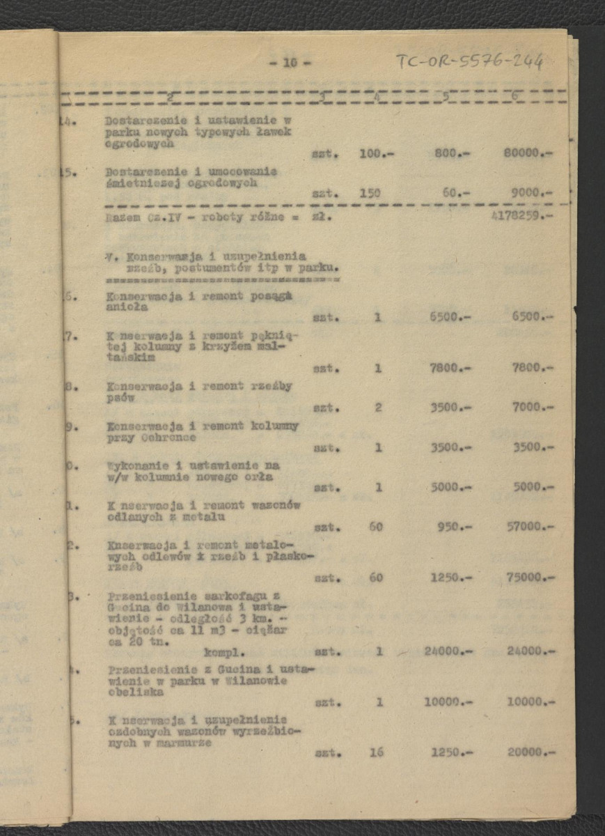 kosztorys orientacyjny do projektu wstępnego rekonstrukcji miejscowego parku; główny projektant – G. Ciołek; opracowanie kosztorysu – J. Dzierżyński                               , skan 11